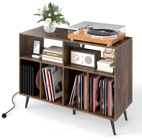 Multigot Record Player Stand, Wooden Vinyl Albums Storage Cabinet with 6 Open Shelves & 5 Metal Legs, Turntable Stand Sofa Side End Table for Living Room Bedroom (with Charging Station, Rustic Brown)