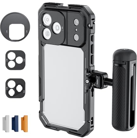NEEWER 17 Pro Max Käfig Cage Video Rig Handy Stabilisator Set kompatibel mit iPhone 17 Pro Max mit 67mm Filterring 17mm und T Mount Objektivrückplatten, Schnellwechsel Bluetooth Griff, PA144 (schwarz)