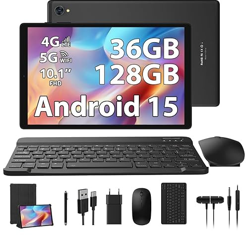 RUSHAR Tablet 10 Pollici Android 15 con 36GB RAM + 128GB ROM (1TB TF), 4G LTE+5G WiFi, Octa-Core 2.0 GHz, 8000mAh, Bluetooth 5.0, GPS, 8MP + 13MP, Tablet con Tastiera, Nero