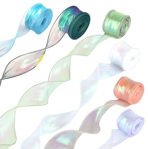 6 Rollen Organzaband, 40mm x 9m Chiffonband Schimmernde, Schleifenband Schultüte, Geschenkband Breit, Transparente Ribbon, Geschenkband Deko Bänder für Blumenstrauß, Hochzeit, Basteln, Seinladungen