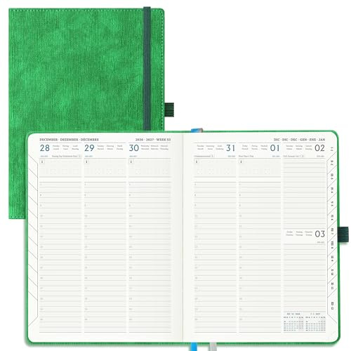 IN-LUXPRO Kalender 2026 2027 Wochenplaner Vertikal PU-Hartschale | 18 Monate Terminplaner (Jul 2026 bis Dezember 2027) A5 21,9x16,2CM, ausgestattet abreißbaren Ecken, Wochenplanung, Grün