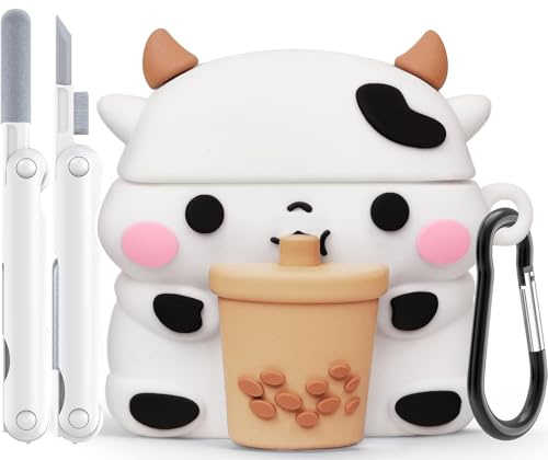 Cute Silicone Earbuds Case with Cleaning Kit, Funny 3D Cartoon Boba Tea Cow Protective Cover with Keychain, Kawaii Charging Case Cover for Women Girls Kids