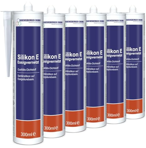 Ravensberger Chemie Silikon E essigvernetzt – Sanitär Dichtstoff für Bad, Küche & Bau – acetoxy, elastisch – ideal für Fugen an Waschbecken, Dusche, Wanne, Fliesen & Glas – Kartusche (6 x 300 ml)