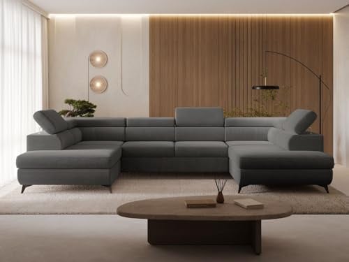 GRAINGOLD Argon U Ecksofa mit Schlaffunktion & Bettkasten 322x190 cm, U-Form Sofa mit Stauraum, Schlafcouch für Wohnzimmer, Velvet-Stoff, 5-Sitzer Wohnlandschaft, Modernes Design (Castel, Dunkelgrau)