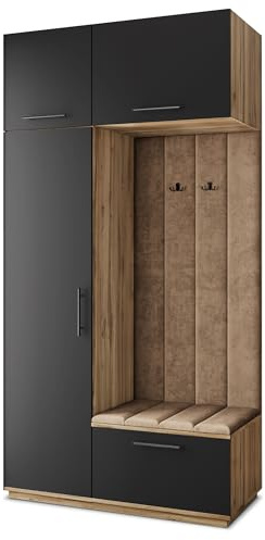 Masseno Flugarderoben Set Rema, Kleiderschrank-Set mit Sitzbank, Garderobenschrank Flur mit 5 Regalböden, Eiche Wotan/Schwarz