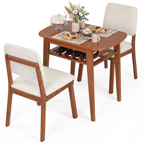 COSTWAY Set Tavolo e 2 Sedie in Legno da Pranzo (Ciliegio) | con Ampio Piano, Portabottiglie e Sedie Imbottite con Schienale Inclinato per Sala da Pranzo, Balcone e Soggiorno