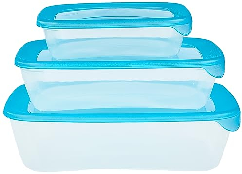 CURVER Lot de 3 Boîtes Fresh'n Go Rectangulaire (0.5L+1L+2L) - Boîte de conservation Alimentaire Transparente- Adaptée au Micro-Ondes, Lave-Vaisselle, Congélateur - 25,8x16,8x7,4 cm - Bleu