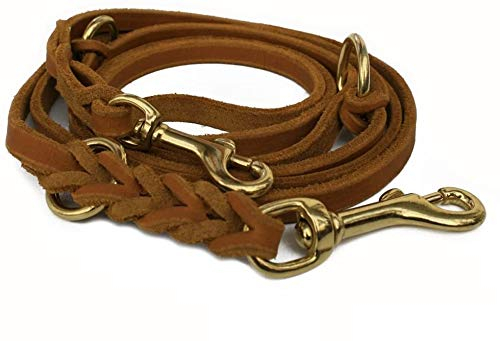 Lederleine 3-Fach verstellbar Cognac Hellbraun Hundeleine aus Leder, Messing Fettlederleine braun (3m x 15mm)