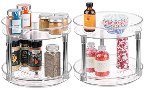 mDesign Lazy Susan Küchenregal zweistöckig – praktisches Gewürzregal für Küchenschrank oder Arbeitsplatte – drehbarer Gewürzhalter aus BPA-freiem Kunststoff – 2er-Set – durchsichtig und silberfarben