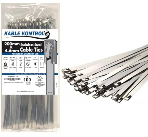 Kable Kontrol 100 Pcs Metal Cable Ties 200 mm x 4.6 mm, 8 Self Locking Stainless Steel Zip Tie 304 Steel Wrap, for Industrial and Home Use