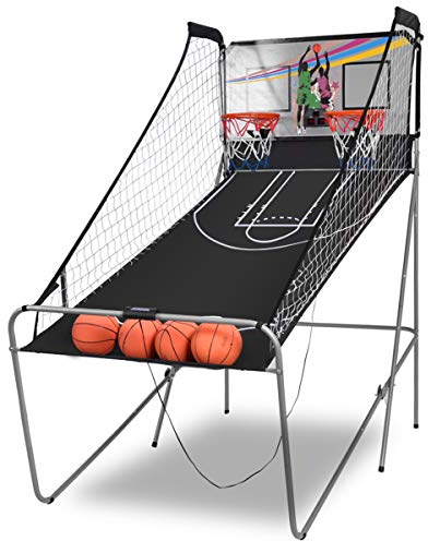 COSTWAY Juego de Canastas Plegable Máquina de Baloncesto Juguete Contador y Marcador Electrónico con Soporete Red Cesta de Baloncesto 4 Baloncestos