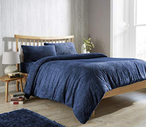 Olivia Rocco Teddy Fleece Duvet Cover Set Super Soft Warm Cosy Quilt Covers Bedding Sets With Pillowcases, Navy Super King