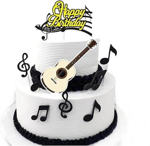 Music Notes Cake Toppers,Musical Theme Birthday Party Supplies,Music Notes Cupcake Toppers Guitar Cake Toppers for Musician Party Decorations (Yellow music guitar)