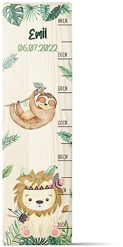 GRAVURZEILE Messlatte für Kinder aus Holz - Dschungel Design - mit Namen für Kinderzimmer - Skala misst 80-140 cm - Größe 20 x 70 x 2 cm - Geschenk zur Geburt für Mädchen & Jungen