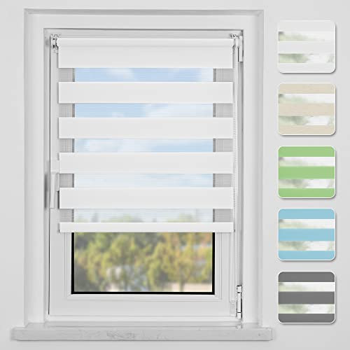 Buseu Store Enrouleur Jour Nuit Klemmfix sans perçage,Rideau 70l x 200L cm Blanc (Largeur du Tissu 66), Facile à Montage, Double Tissu, Facile à Installer avec Clips pour Fenêtre ou Porte