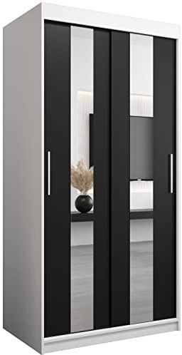 MEBLE KRYSPOL Pole 100 Schlafzimmerschrank mit Zwei Schiebetüren, Spiegel, Kleiderstange und Regalen – 100x200x62cm - Mattweiß + Mattschwarz