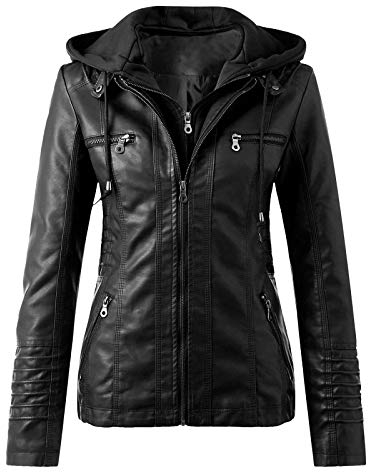 Lederjacke Damen Kunstleder Jacke Damen Lederjacke mit Kapuzen Große Größen Herbst Winter Langarm Motorrad Jacke Winterjacke Slim Fit Hoodie Mantel Streetwear mit Reißverschluss Tasche, Schwarz, 4XL