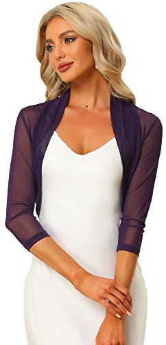 Allegra K - Chaqueta de punto semi transparente de malla para mujer, bolero elástico elegante de manga 3/4, Morado (, XL