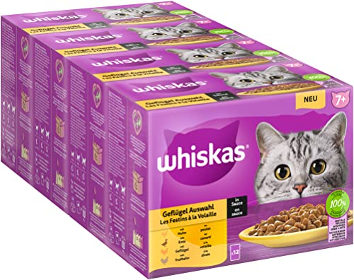 Whiskas 7+ Katzenfutter Geflügel Auswahl in Sauce, 12x85g (4 Packungen) – Hochwertiges Nassfutter ab dem 7. Lebensjahr in 48 Portionsbeuteln