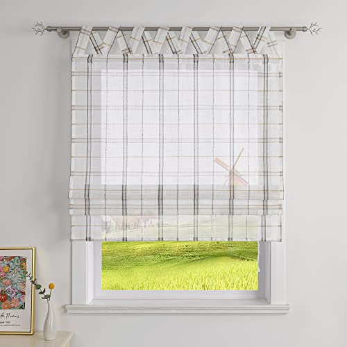CORLIF Raffrollo mit V-Schlaufen Transparente Raffgardinen Kariert Schlaufenrollo Landhaus Rollos Küche mit Karo Muster Kurze Fenster Gardine Plaid B/H 120/140 cm,Grau