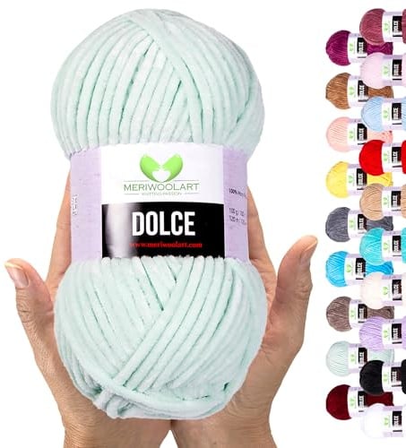 MeriWoolArt Chenille Garn zum Stricken und Häkeln Minze - 100 g und 120 m Samt-Wolle - 100% Flauschige Polyester Strickgarn für Amigurumi Kissen Decken weiche Kleidung Geschenke