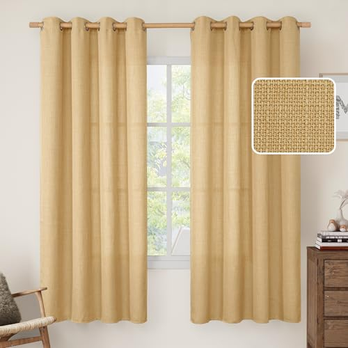 LAMIT Leinen-Vorhänge für Schlafzimmer, Ösen, dicke Leinenstruktur, Sichtschutz, Lichtfilterung, Fensterbehandlung, Vorhänge für Wohnzimmer, Set mit 2 Paneelen (132,9 x 183,9 cm, Karamellbraun)