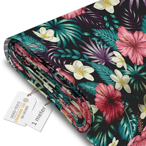 DreamRoots Markisenstoff Meterware, Hawaii Flowers, 1 m | Oxford Segeltuch, wasserdicht, Polsterstoff, 220 g/m² 600D, 160 cm breit, wasserabweisend, für außen & Deko