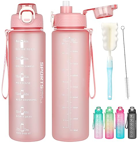 AOHAN Gourde Paille 1l, Bouteille d'eau Sans BPA, Motivation Gourde Sport avec Marquages de Temps, Bouteille Résistant aux Fuites Pour La Gym, L'École, Le Cyclisme
