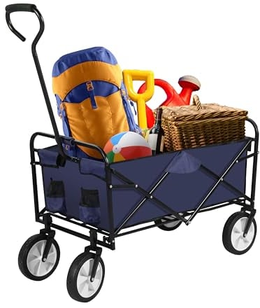 YSSOA Rolling Collapsible Garden Cart Camping Wagon, with 360 Degree Swivel Wheels & Adjustable Handle, 220lbs Weight Capacity,Blue
