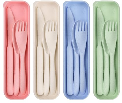 Volumoon Juego de Cubiertos para 4 Personas, Cubiertos de Plástico Portátil Reutilizables con Estuche, con Tenedor, Cuchara y Cuchillo, Juego de Vajilla para Viajes Al Aire Libre, Oficina y Escuela