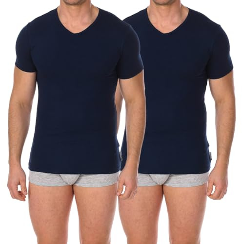 Bikkembergs 2er-Pack Unterwäsche-T-Shirts mit V-Ausschnitt – Herren – Stretch-Baumwolle (Blau M)
