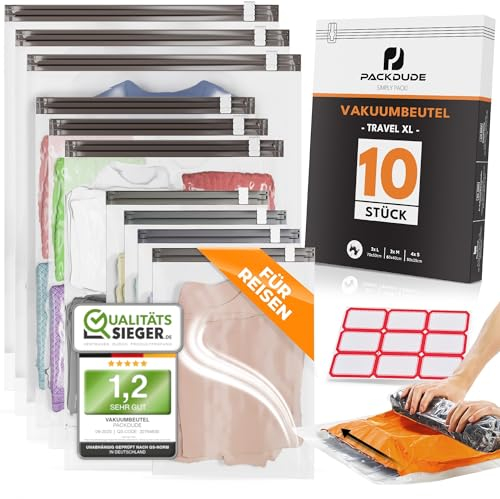 PACKDUDE® Vakuumbeutel Reise zum Rollen I 10 STK I Größen: 3x 70x50cm/ 3x 60x40cm/ 4x 50x35cm I Kompressionsbeutel Reise ohne Ventil I Vakuumbeutel für Kleidung Reise I Vacuum Bags for Clothing Travel