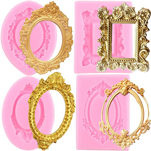 RFGHAC Photo Frame Silicone Moulds Baroque Style Picture Frames Fondant Mould for Cupcake Topper Cake Decoration Chocolate Candy Polymer Clay Gum Paste Set of 4