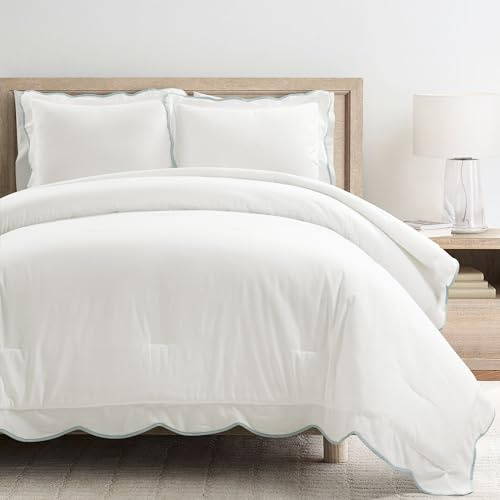 Lush Decor Coastal Chic Scalloped Edge Comforter Set, 3 Piece Set Full/Queen, Blue & White - Queen Bedding Set - White Comforter - Coastal Decor