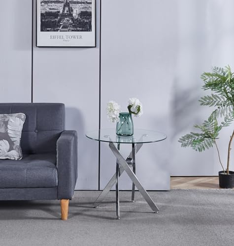 Hallowood Furniture Cullompton Table d'appoint ronde en verre avec pieds chromés, plateau en verre trempé, table de chevet, table d'appoint pour canapé, magazine