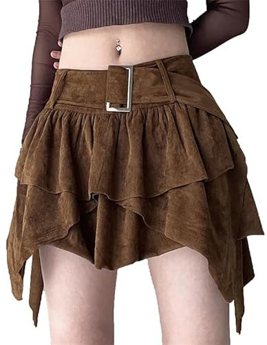 Damen Minirock aus Wildlederimitat Y2K Gürtel ausgestellter Plisseerock Vintage Kurzröcke in A Linie