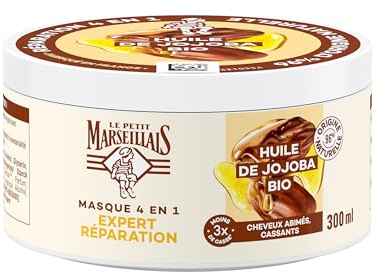 Le Petit Marseillais | Masque Expert Réparation Huile de Jojoba Bio (pot de 300 ml) – Masque réparateur pour cheveux cassants 4 en 1 – Soin cheveux sans silicone 96% d'origine naturelle