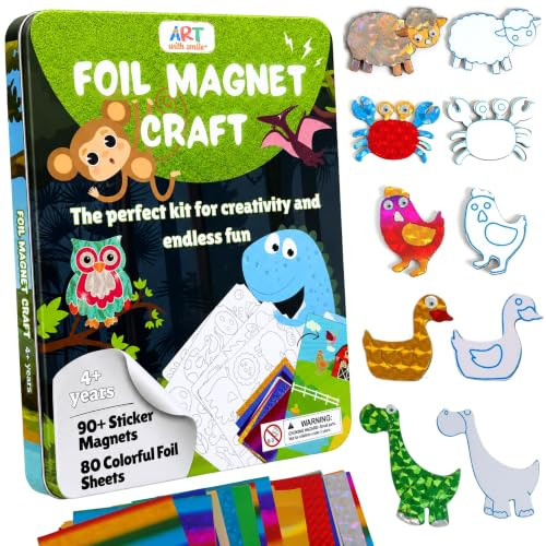 Foil Fun Art Kit for Kids in Tin Box - Reusable Animal Foil Art for Girls & Boys, DIY Mess-Free Girls Craft Kit w/Magnets, Ideal Travel Toy & in Car Activities for Kids Ages 4 5 6 7 8 9 10 11 12