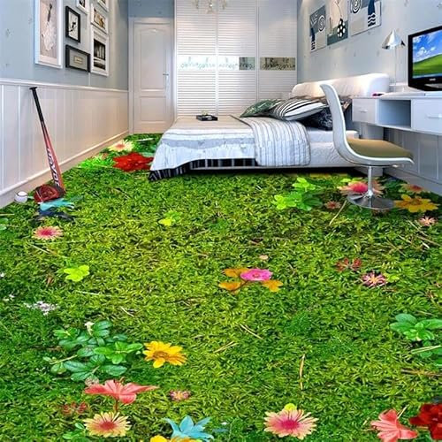 LUXINSHISU Selbstklebende PVC-Fußbodenfliesen 3d Tapete grüner Rasen Blumen innen Badezimmer Schlafzimmer Wohnzimmer Boden dekorative Kunst Aufkleber