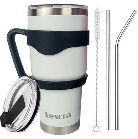 BEXORA 30oz Tumbler with Straw and Lid, Travel Mug- Double Wall Vacuum Stainless Steel Insulated Water Bottle for Drinking Hot or Iced Coffee Drink-Insulated Coffee Cup (White)