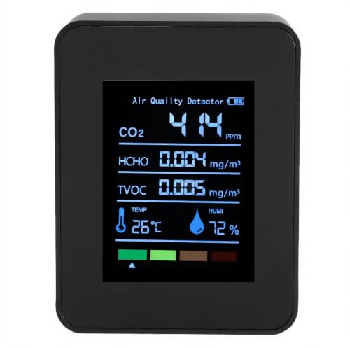 Luftqualitätsmonitor 5-in-1-Messgerät für Innenräume, CO2-TVOC-HCHO-Feuchtigkeitstemperatur Echtzeitüberwachung, Batteriebetrieben