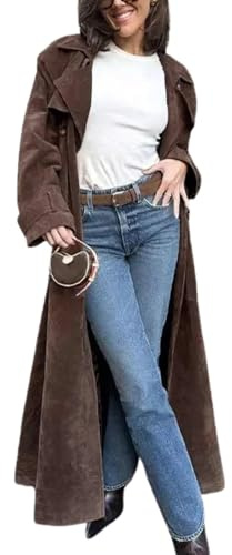 utcoco Womens Faux Suede Long Trench Coat Notched Lapel Double Breasted Pea Coat Overcoat with Belt (X-Large, Brown)