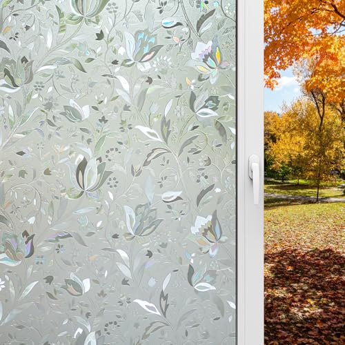 Pellicola per Finestre Privacy Pellicola per Vetri Finestre Adesione Statica Pellicola Colorati Decorative Modello di Foglia (Tulipano)
