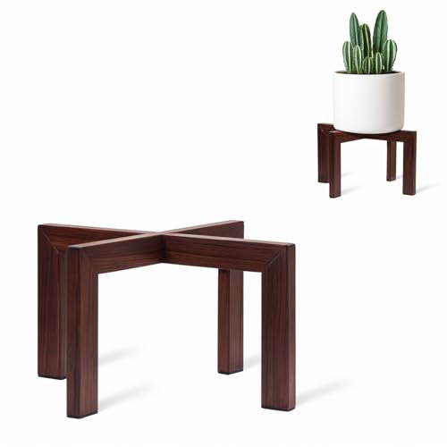 IZIDDO Wood Plant Stand Indoor Outdoor, Metal Mid-Century Pot Stand, Modern Plant Holder Rattan Flower Plant Stool, Low Short Plant Stands for 5-12 Inch Pot, Boho Dark Wooden