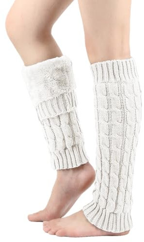 BelleVive Winter-Beinstulpen mit Plüschfutter für Damen, lange Strick-Beinstulpen, warme Stiefelsocken mit Plüschfutter zum Skaten, für den Alltag, Stiefel Boot Abdeckung, Weiß