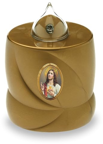 AROBA 2x LED Grabkerze Trauerlicht - Flackereffekt wie echte Kerze - lange Brenndauer bis 200 Tage - wiederverwendbar Friedhofskerze Gedenkkerze Dauerkerze - gold Jesus