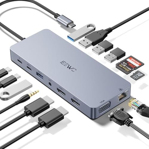 Docking Station USB C,JESWO 14-en-1 Dock USB C vers Dual HDMI, VGA, Ethernet, Mulit USB 3.0&2.0, 100W PD, Type-C Data, SD/TF, AUX Jack pour Windows 11, 10, Mac OS, and iPad OS