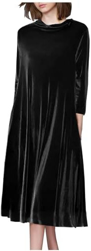 Velvet Dress for Women UK Elegant Crew Neck Midi Dress Casual Loose Solid Color Long Sleeve Dress Ladies Elegant Baggy Flowy Dress Pullover Long Dress Black