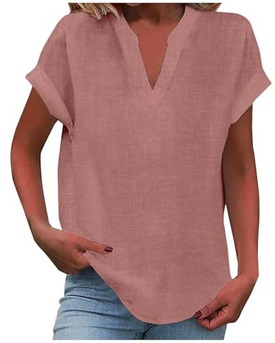 Leinenbluse Damen Sommer Kurz V Ausschnitt Tshirt Stilvoller Casual Top Basic T-Shirts Einfarbig Leinen Shirt Elegant Oberteile Bequem Bluse Leinenhemd Herren Tshirt Sale