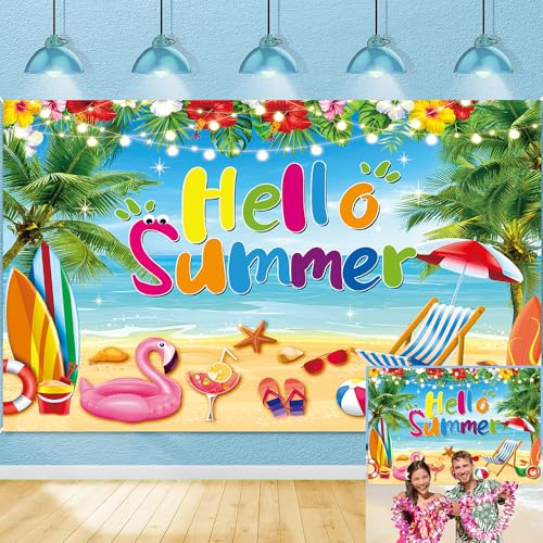 Sommer-Hintergrund für Hawaii-Strand-Fotografie, Hallo Sommer, Banner, tropischer blauer Himmel, Strand, Surfbrett, Hintergrund für Luau Aloha, Party-Dekorationen, Foto-Requisiten (210 x 150 cm)